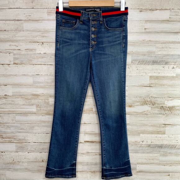 Veronica Beard Carolyn 10" Baby Boot Womens Size 26" Blue Tidal Tuxedo Waistband - Picture 3 of 16